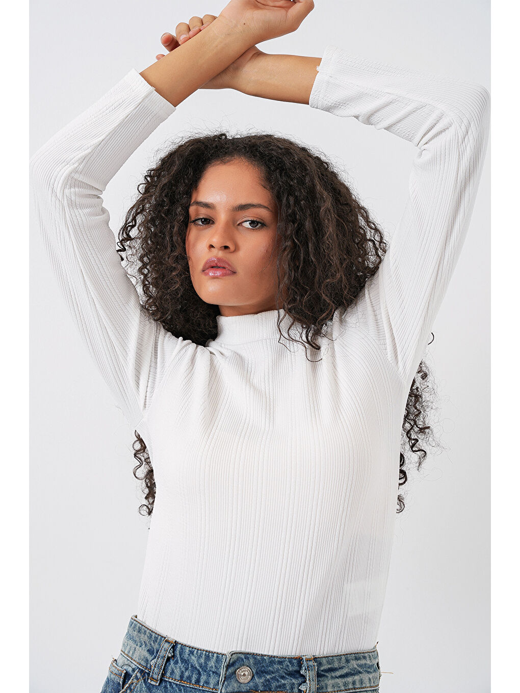 Kadın Uzun Kollu Fitilli Body 976 - Beyaz-2