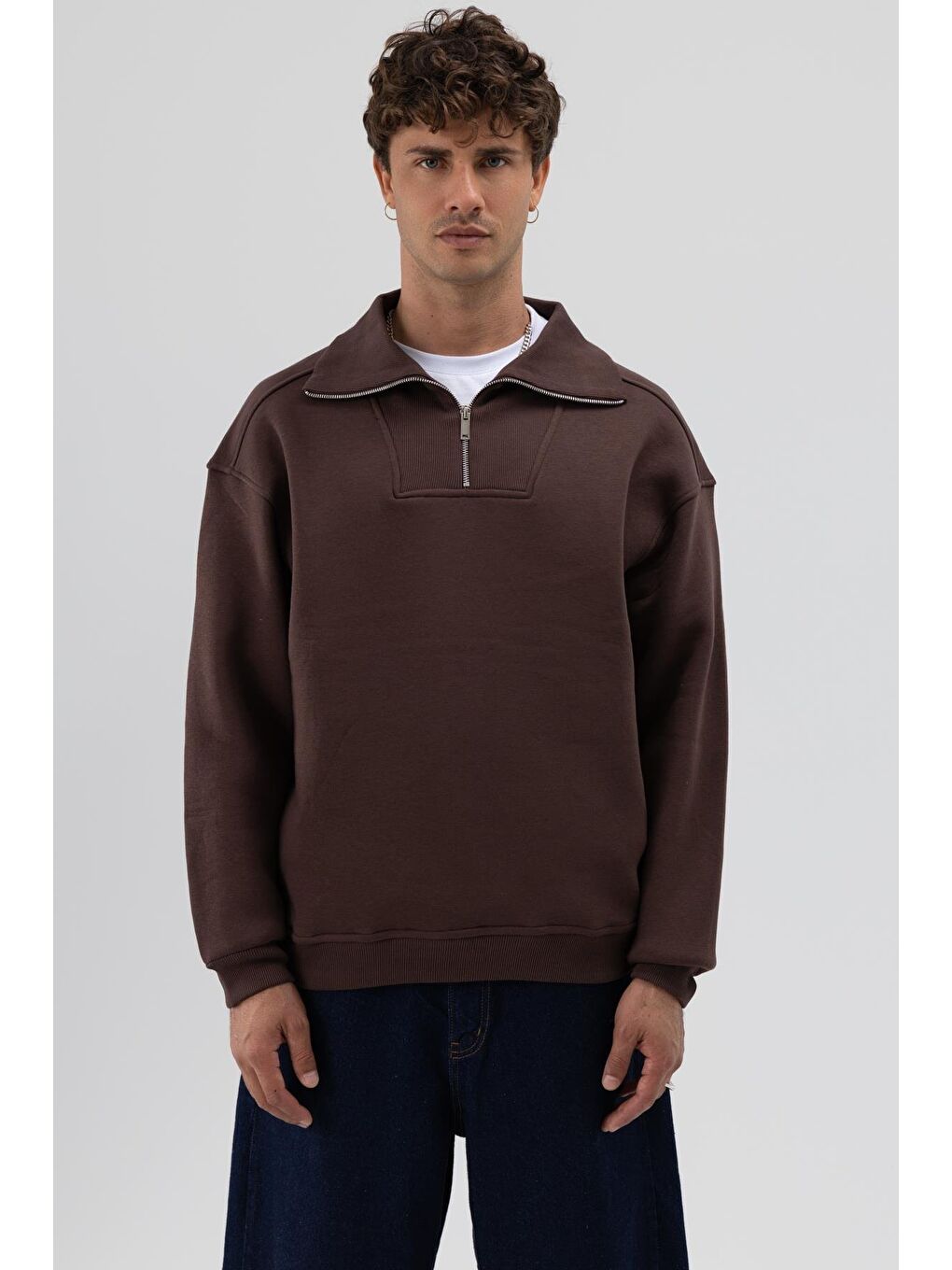 Kahverengi Basic Fermuarlı Dik Yaka Sweatshirt Kahve