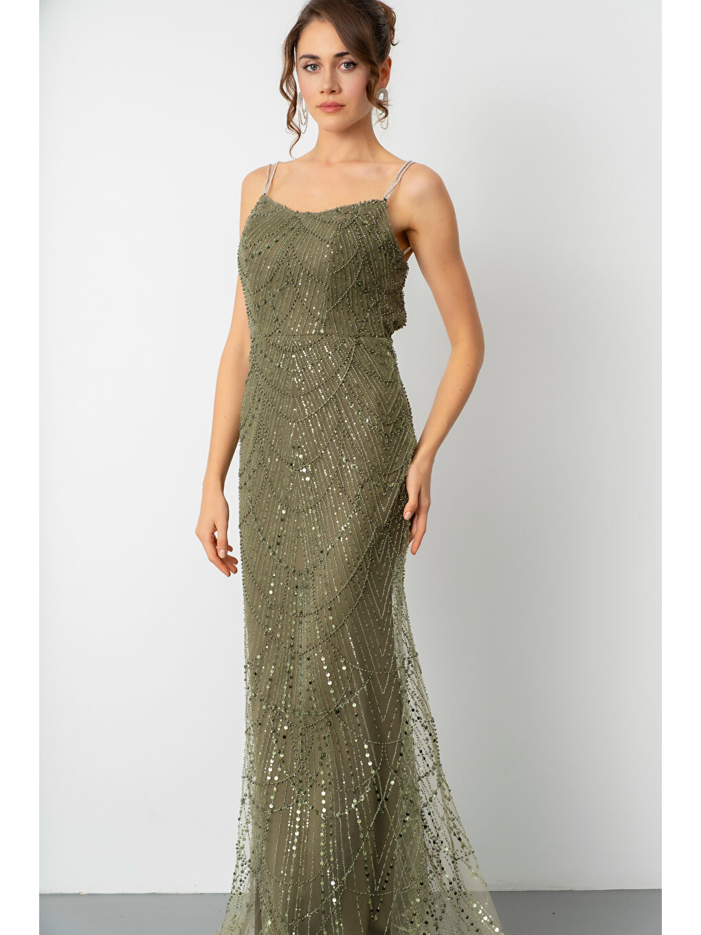 Kadın Haki Askılı Boncuklu Uzun Balık Abiye Elbise-2