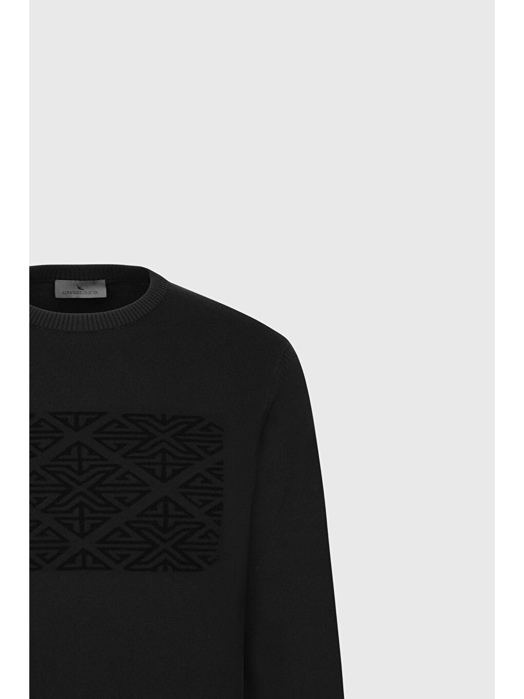 Erkek Siyah %100 Pamuk Standart Fit Bisiklet Yaka Baskılı Triko Kazak-6