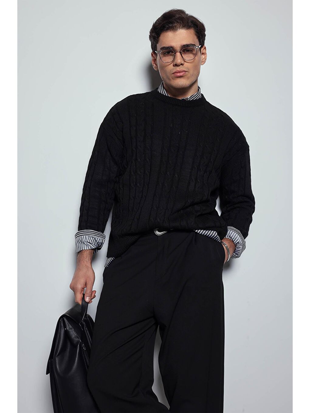 Erkek Oversize Örgü Desenli Triko %100 Pamuk Kazak Siyah-4