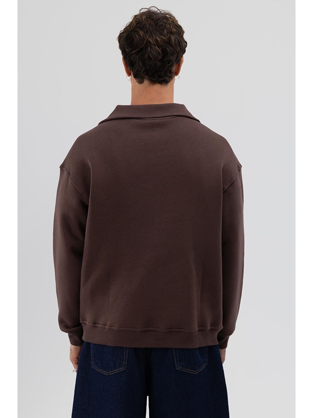 Kahverengi Basic Fermuarlı Dik Yaka Sweatshirt Kahve-2