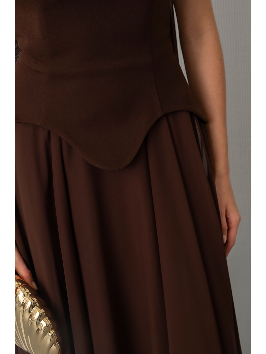 Kadın Kahverengi Şal Yaka Straplez Söz Nişan Abiye Elbise-4