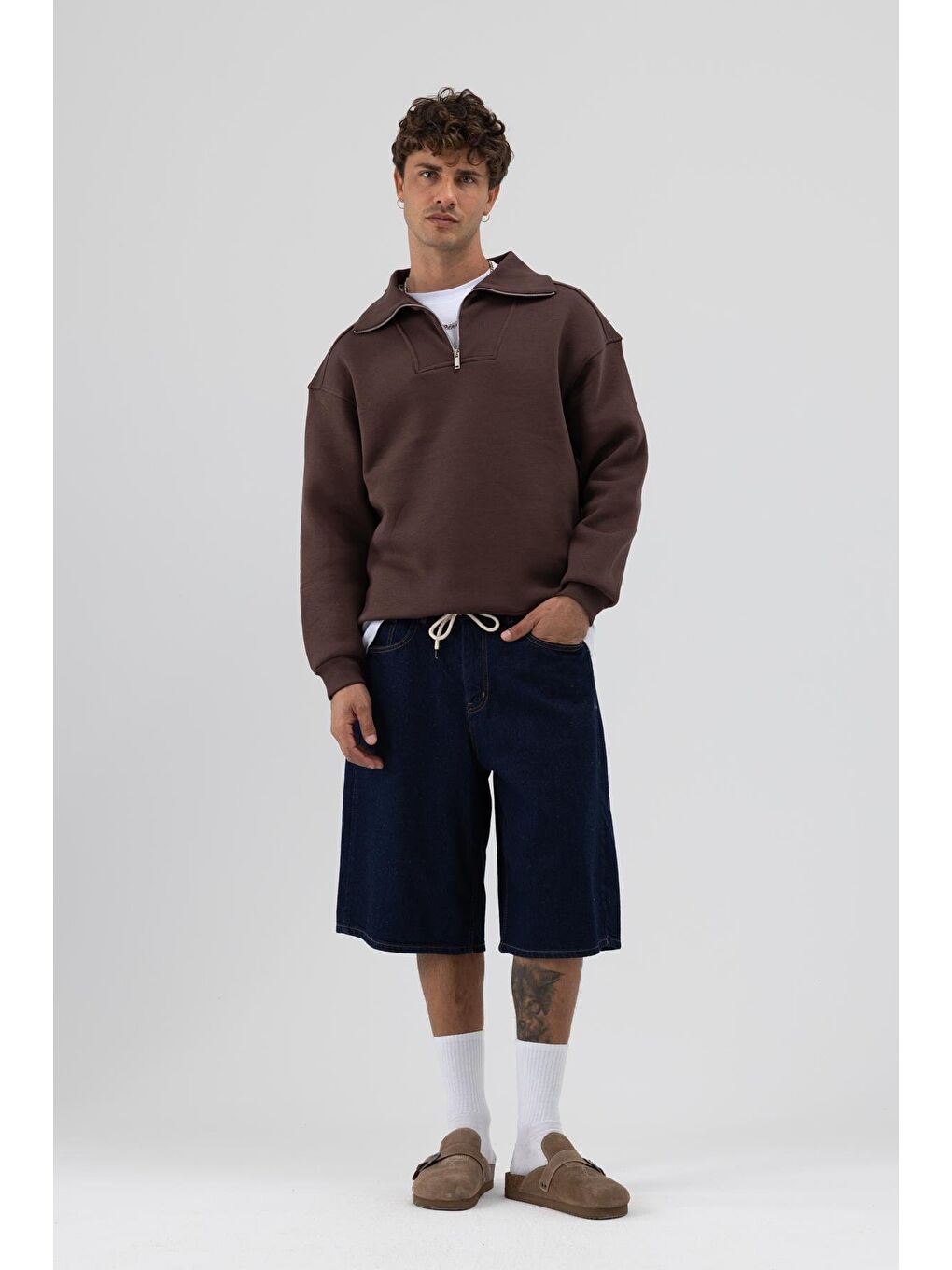 Kahverengi Basic Fermuarlı Dik Yaka Sweatshirt Kahve-3