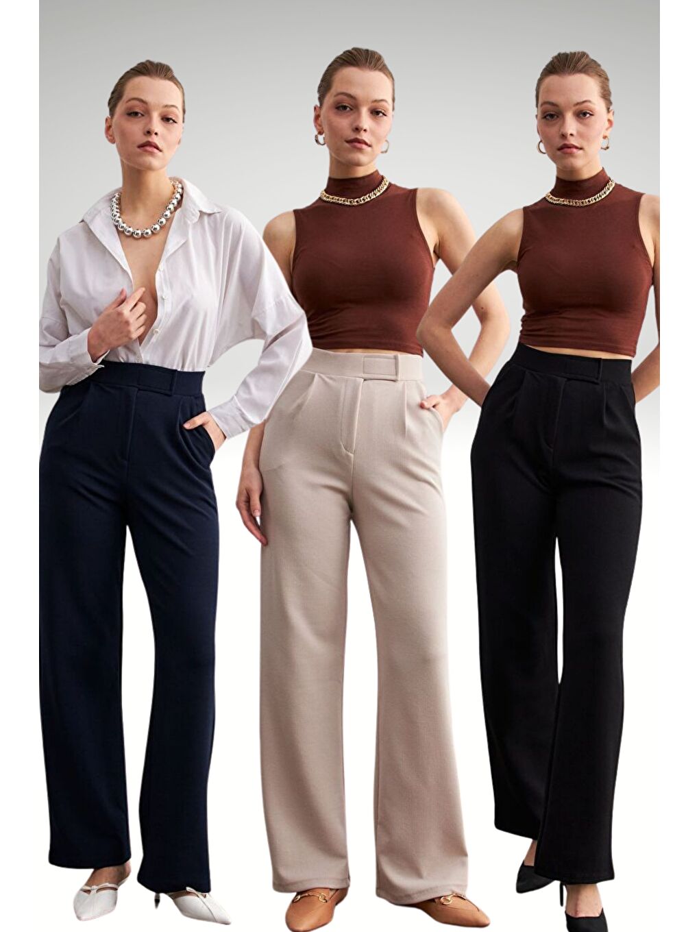 Lacivert 3lü Set Bej Laci Siyah Elastanlı Cırt Kapama Palazzo Pantolon