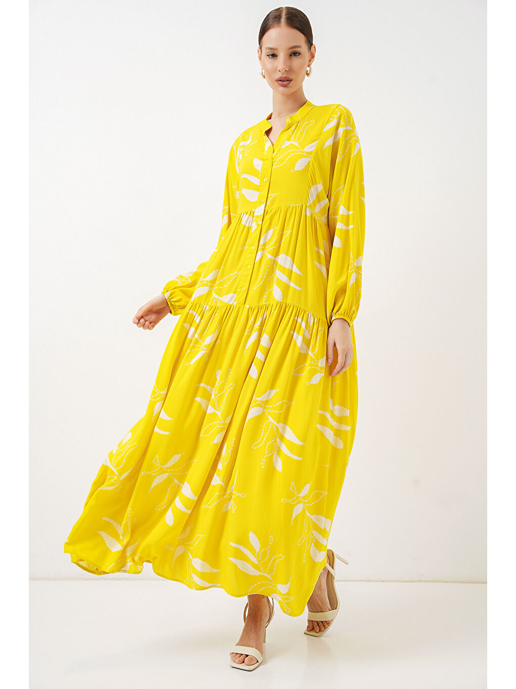 Kadın Desenli Uzun Tesettür Elbise 2585 - A.Sarı