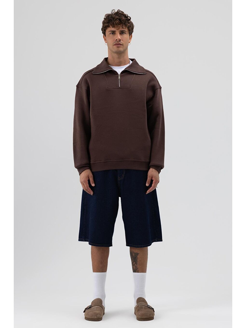 Kahverengi Basic Fermuarlı Dik Yaka Sweatshirt Kahve-4