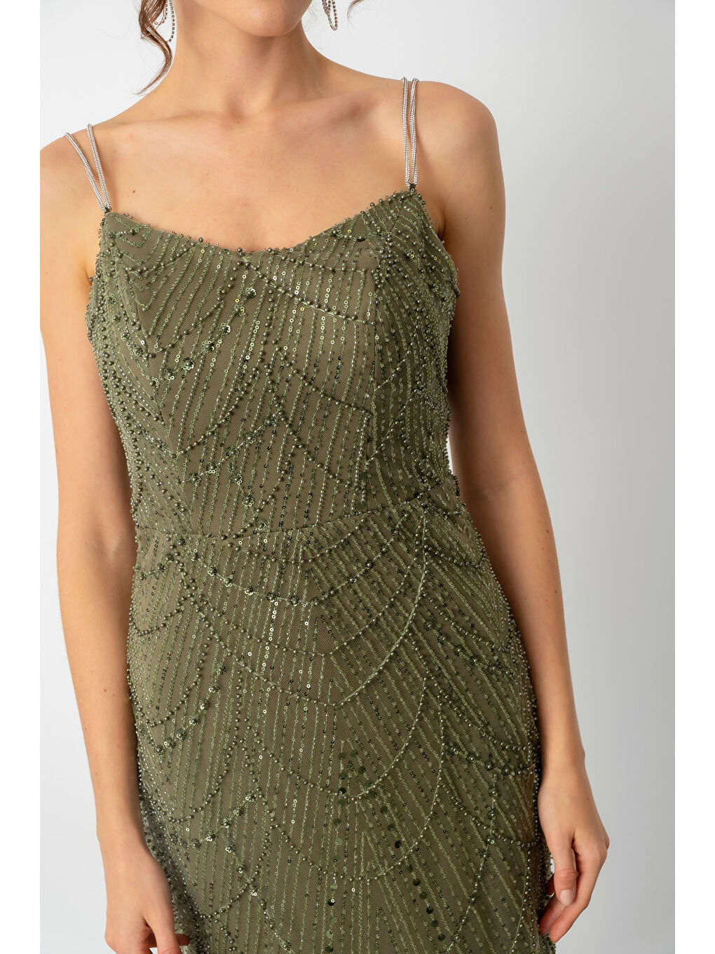 Kadın Haki Askılı Boncuklu Uzun Balık Abiye Elbise-3