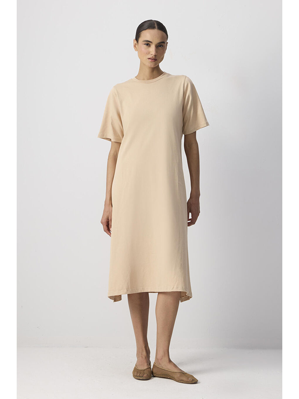 Bej %100 Pamuklu Kısa Kollu Örme Elbise