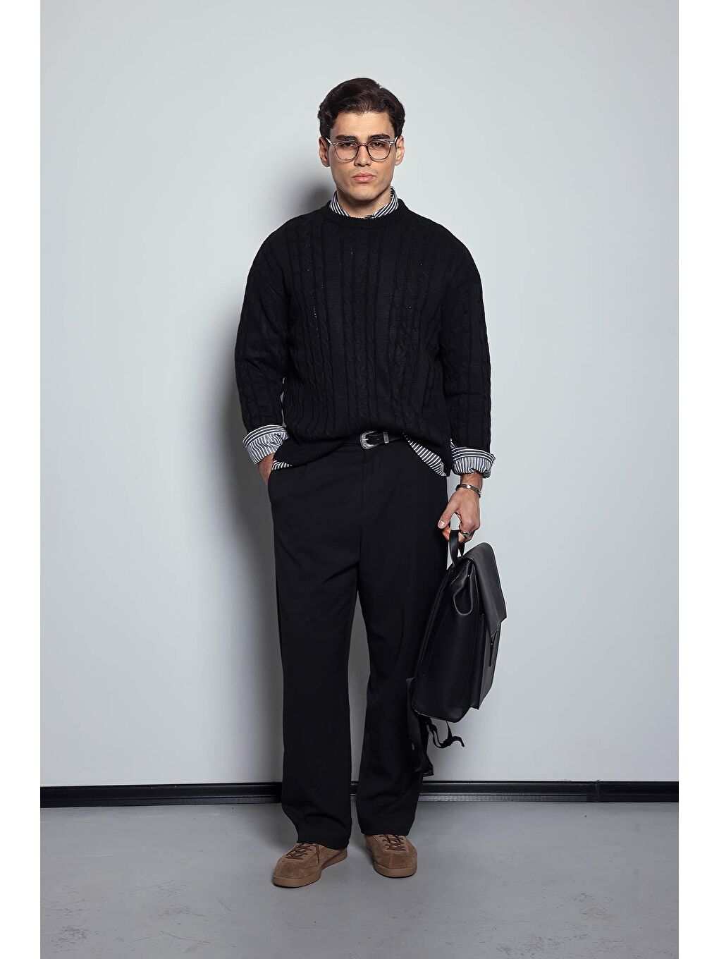 Erkek Oversize Örgü Desenli Triko %100 Pamuk Kazak Siyah-6