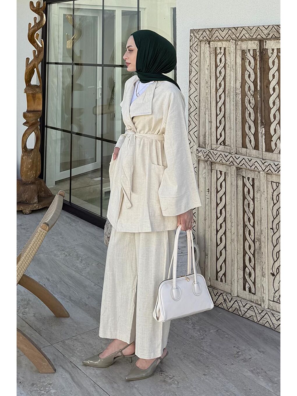 Kimono Tesettür Takım Bej-1