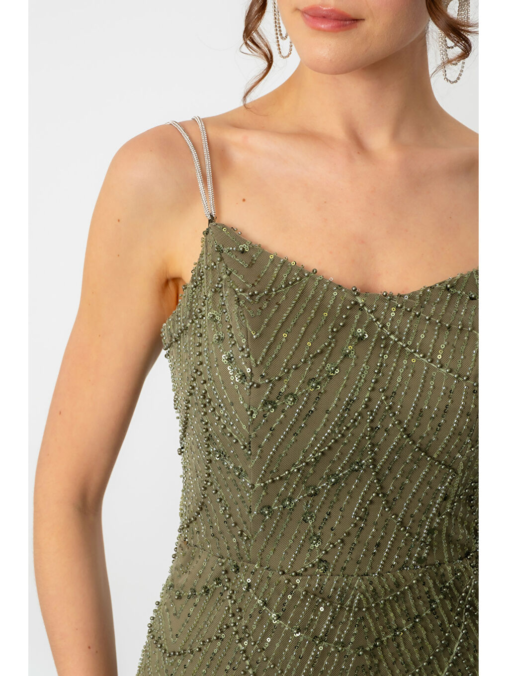 Kadın Haki Askılı Boncuklu Uzun Balık Abiye Elbise-4