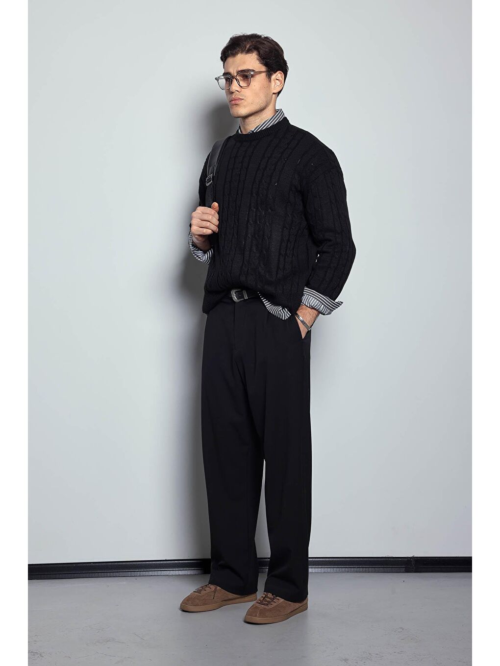 Erkek Oversize Örgü Desenli Triko %100 Pamuk Kazak Siyah-7