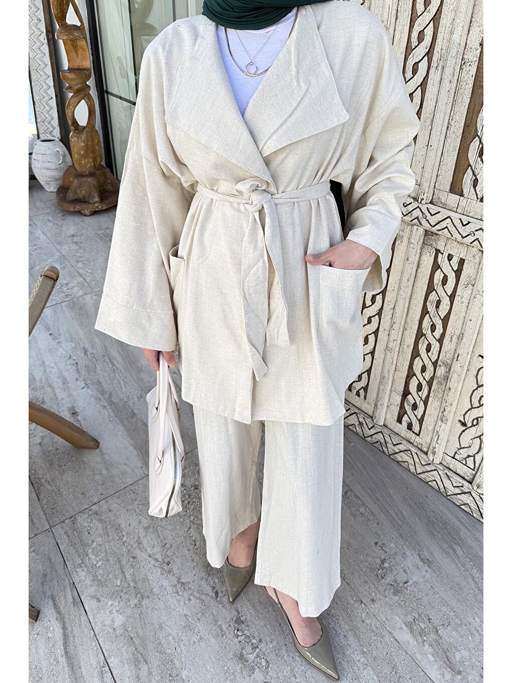 Kimono Tesettür Takım Bej-3