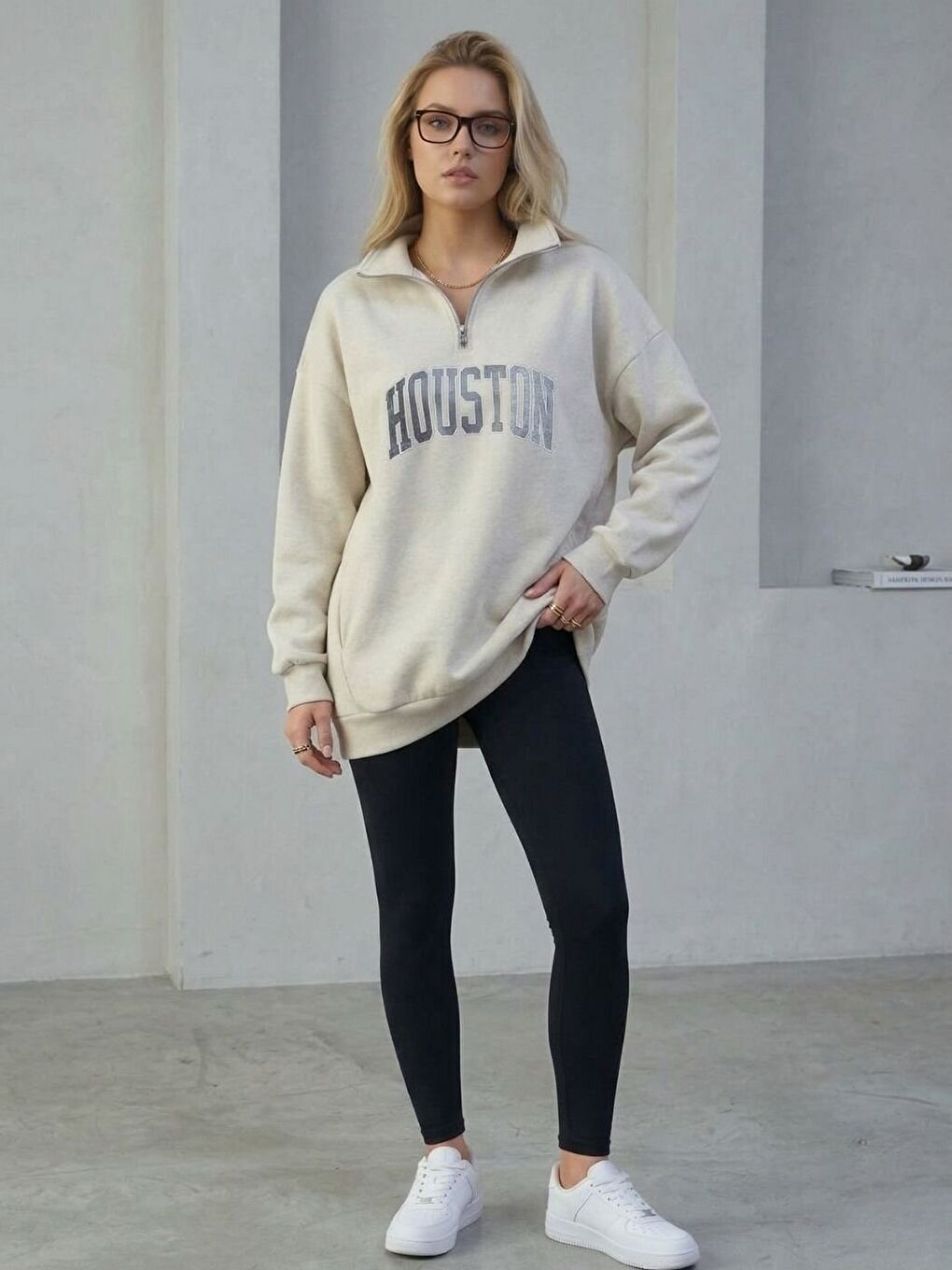 Bej Houston Baskılı Yarım Fermuarlı Oversize Sweatshirt