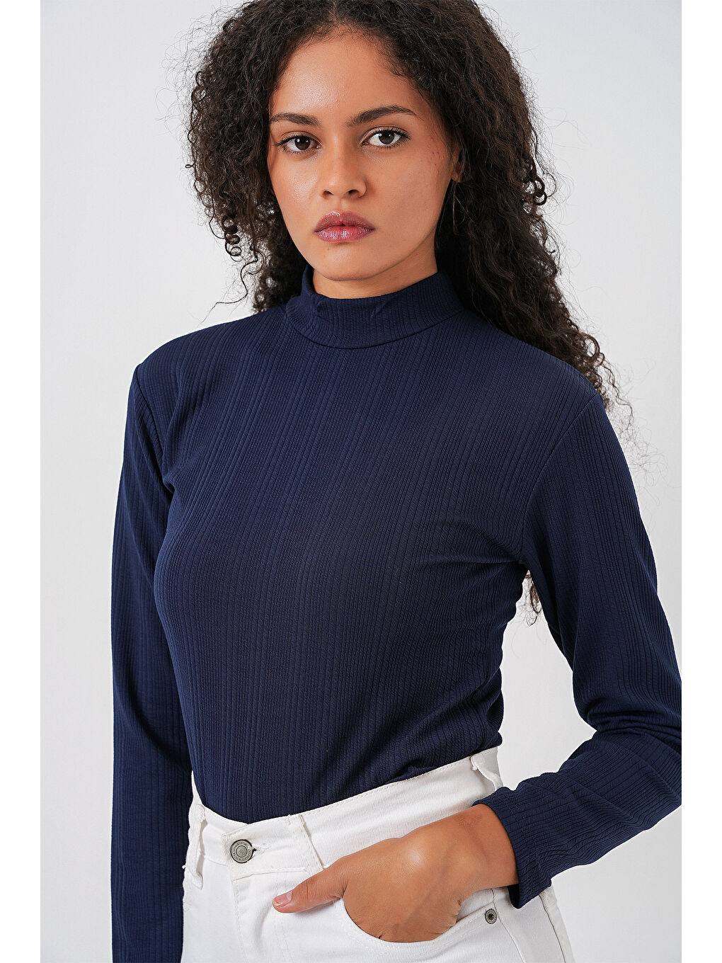 Kadın Uzun Kollu Fitilli Body 976 - Lacivert