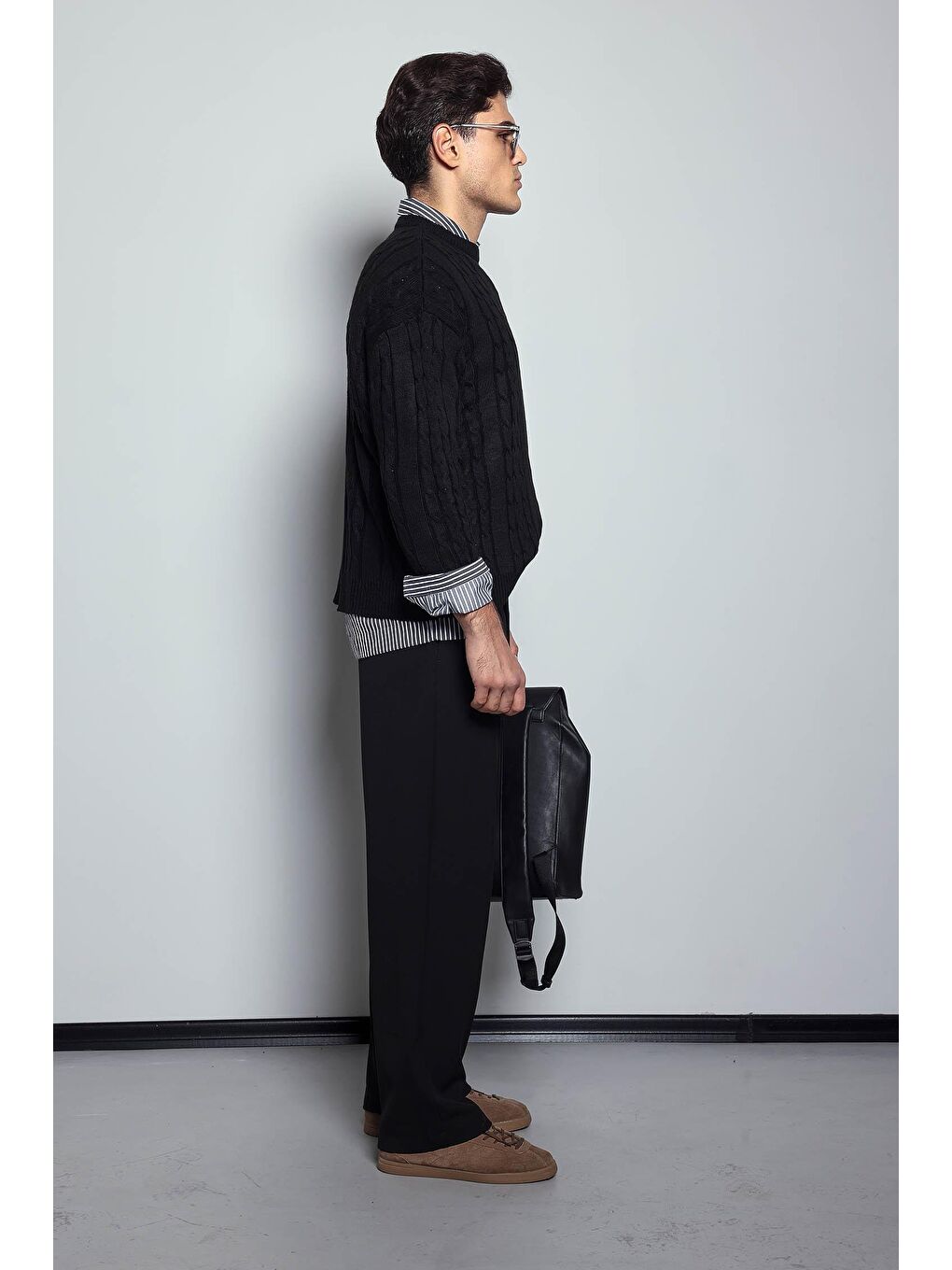 Erkek Oversize Örgü Desenli Triko %100 Pamuk Kazak Siyah-8