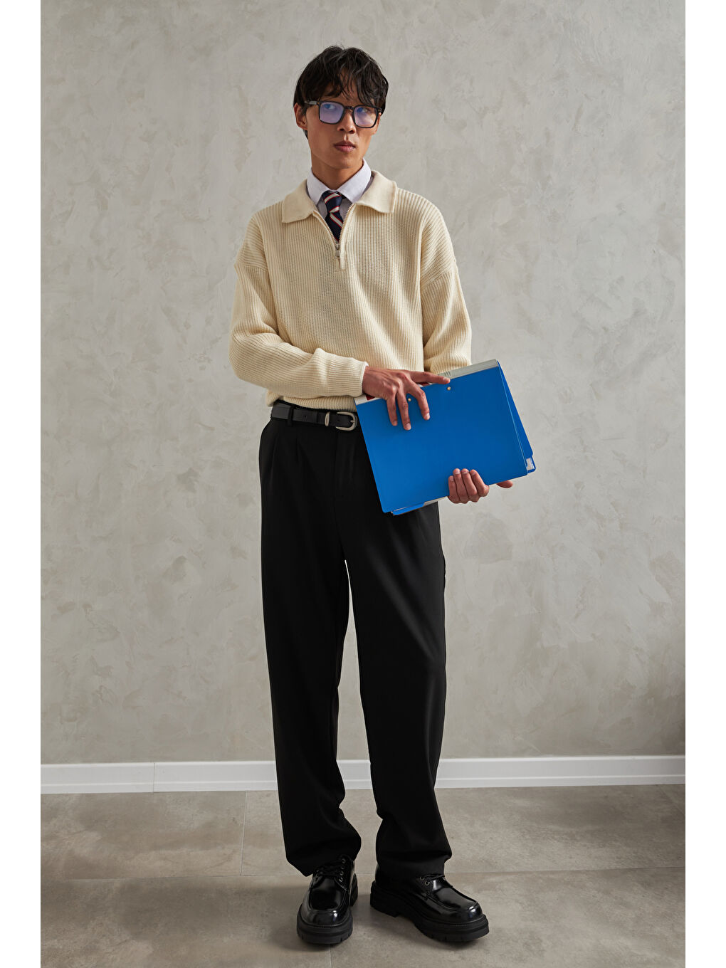 Ekru Erkek Yakası Fermuarlı Oversize Kazak-5