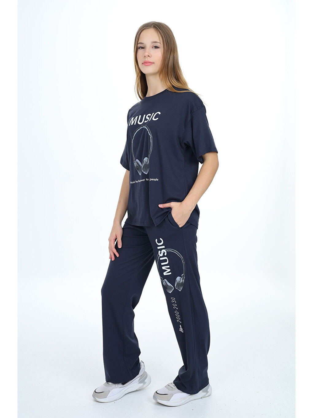 Lacivert Kız Çocuk Music Baskılı Alt-Üst 2'li Takım 12148