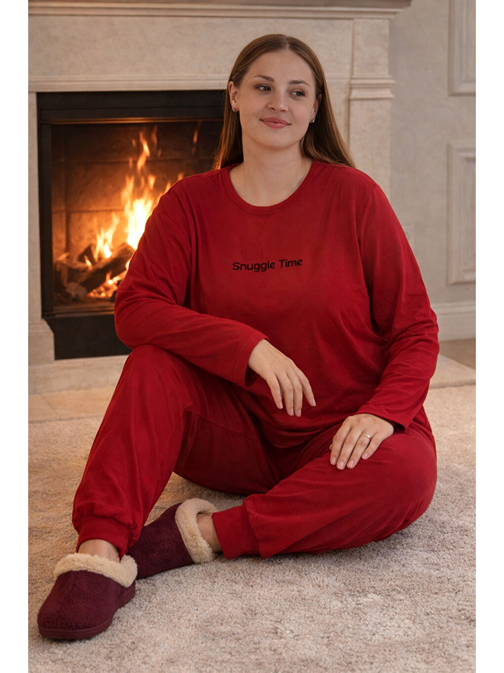 Büyük Beden Kadın Kadife Kumaş Pijama Takımı 13212 Kırmızı-3