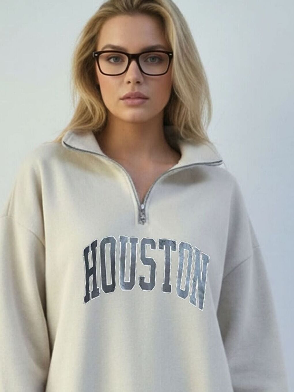 Bej Houston Baskılı Yarım Fermuarlı Oversize Sweatshirt-1