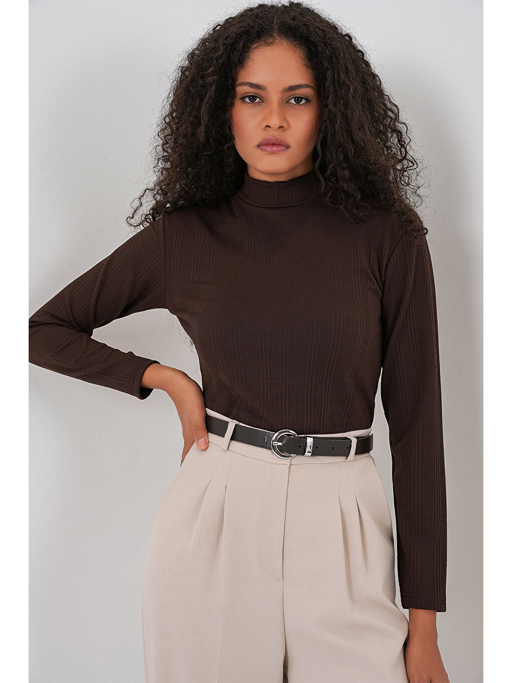 Kadın Uzun Kollu Fitilli Body 976 - Kahverengi-2