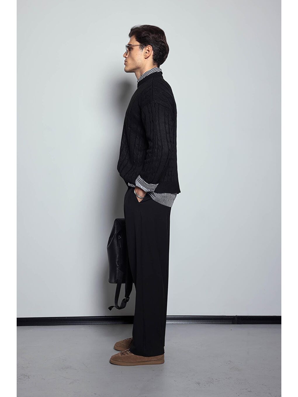 Erkek Oversize Örgü Desenli Triko %100 Pamuk Kazak Siyah-9