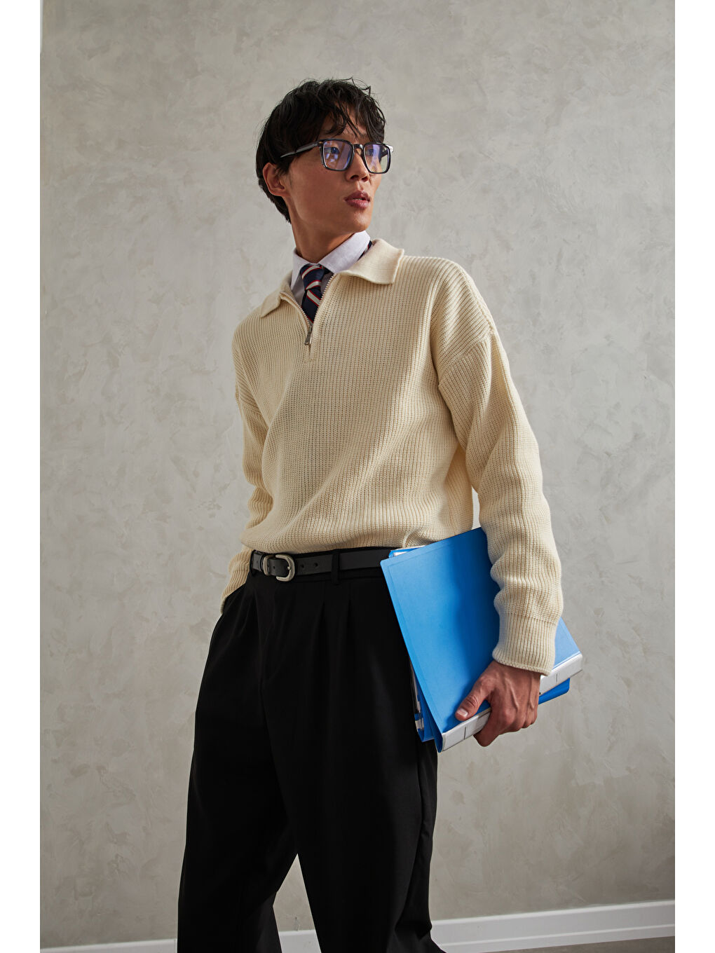 Ekru Erkek Yakası Fermuarlı Oversize Kazak-6