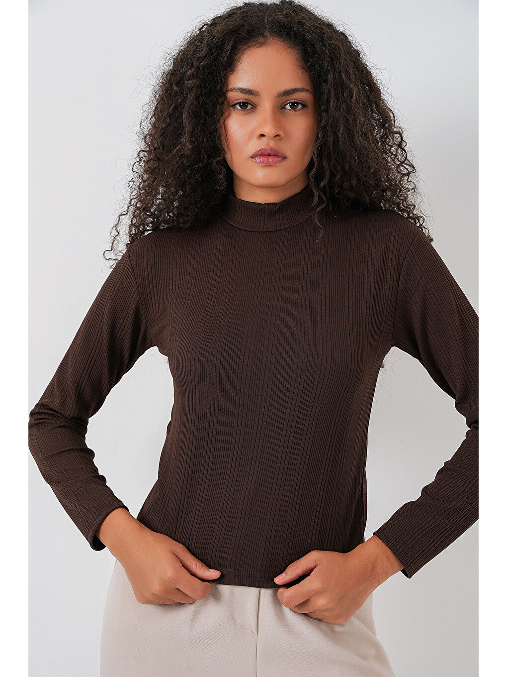 Kadın Uzun Kollu Fitilli Body 976 - Kahverengi-3