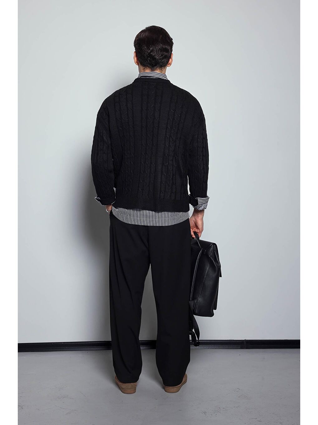 Erkek Oversize Örgü Desenli Triko %100 Pamuk Kazak Siyah-10