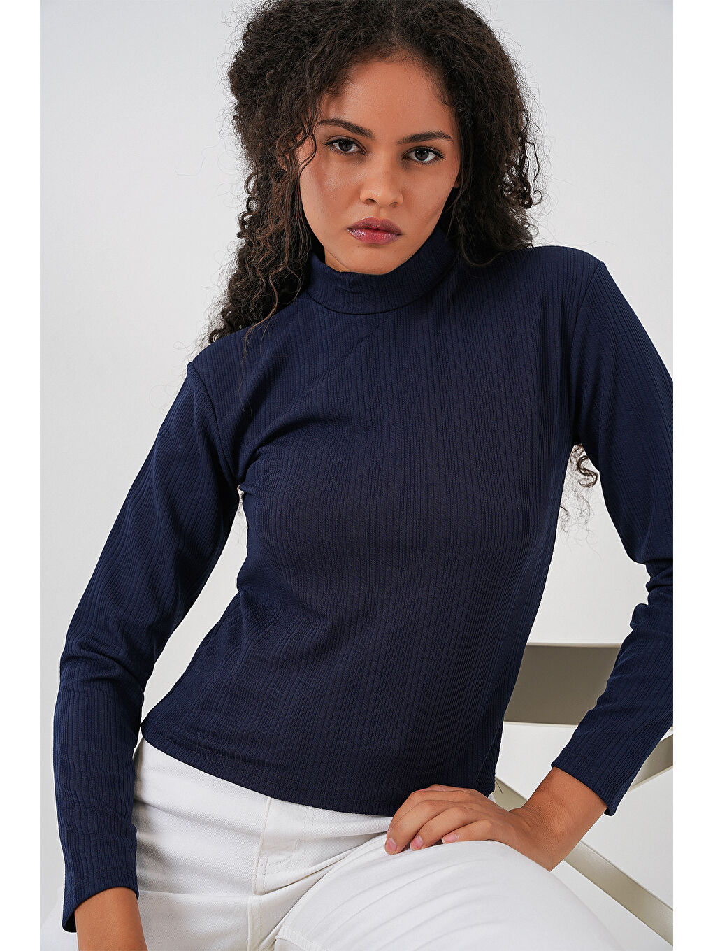 Kadın Uzun Kollu Fitilli Body 976 - Lacivert-2