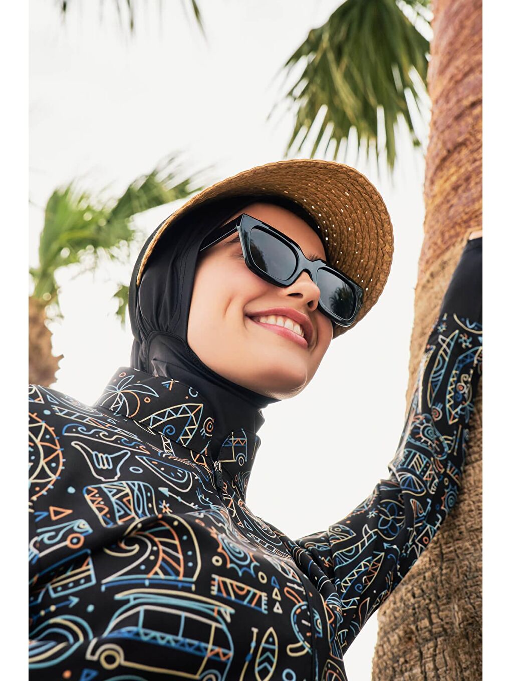 Siyah Esila Tatil Tema Desenli Jileli Tam Tesettür Mayo Üstü 2934-1