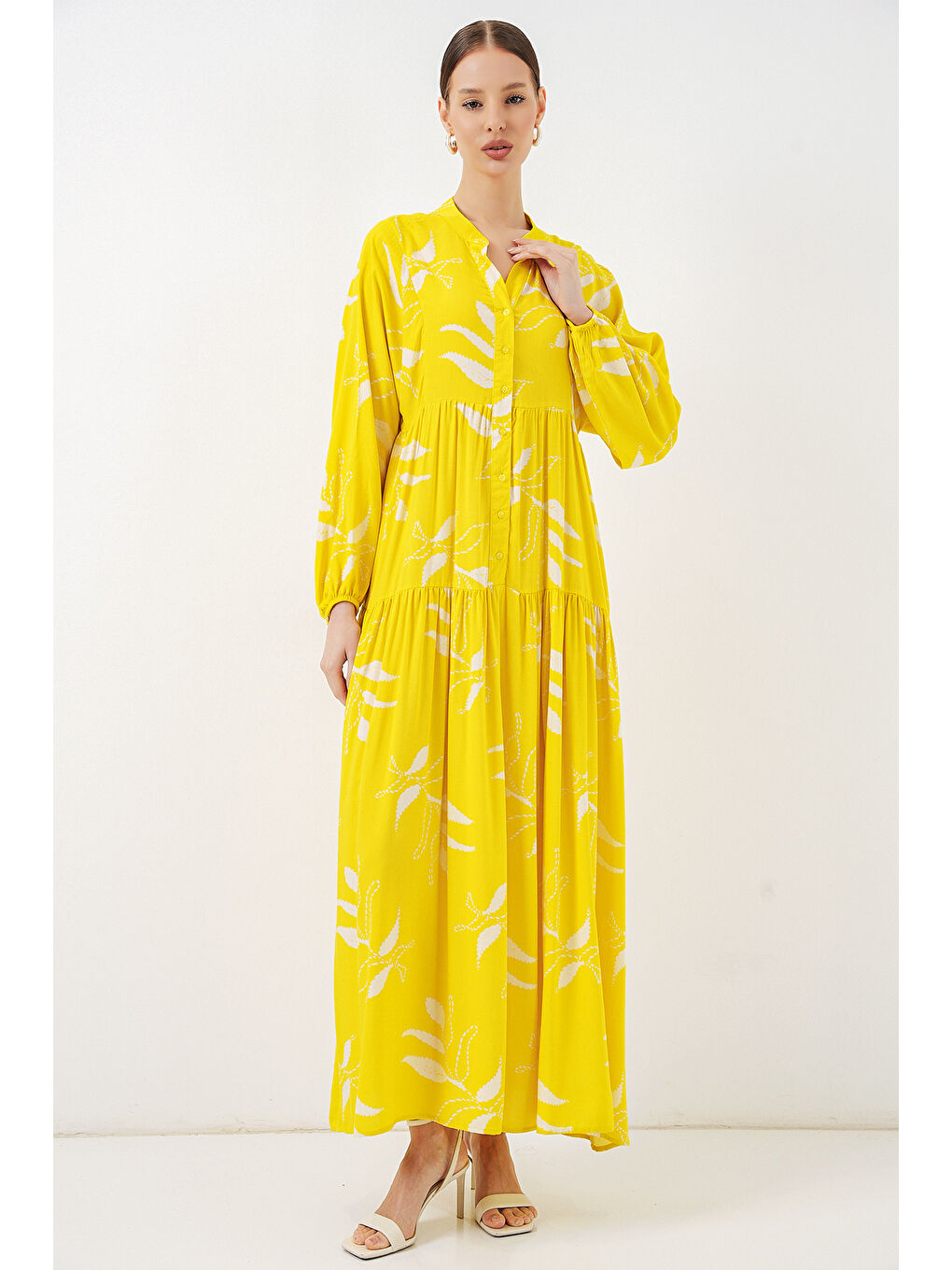 Kadın Desenli Uzun Tesettür Elbise 2585 - A.Sarı-2