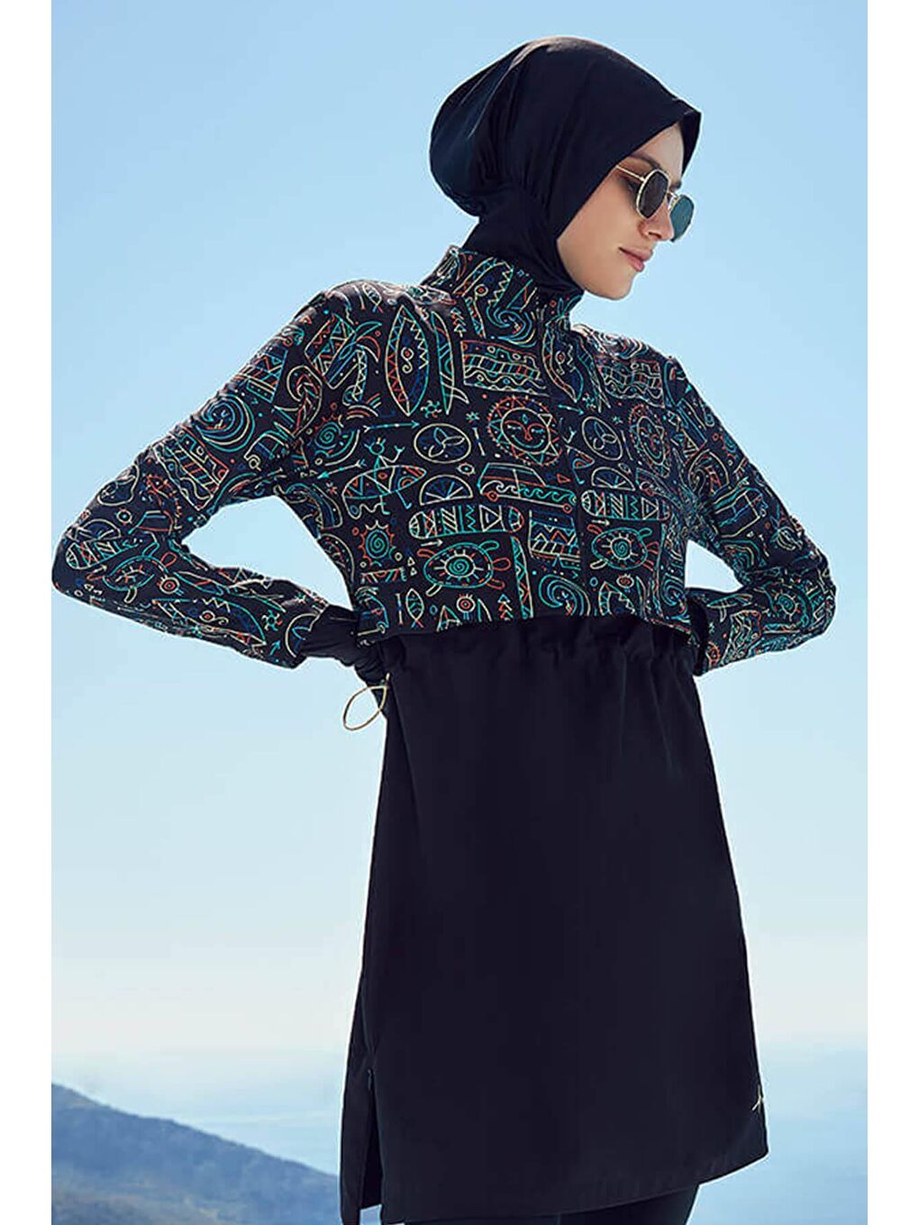 Siyah Esila Tatil Tema Desenli Jileli Tam Tesettür Mayo Üstü 2934-2