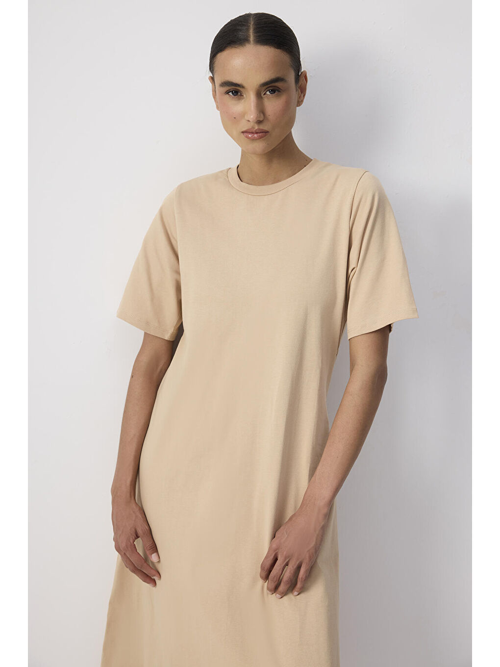 Bej %100 Pamuklu Kısa Kollu Örme Elbise-1