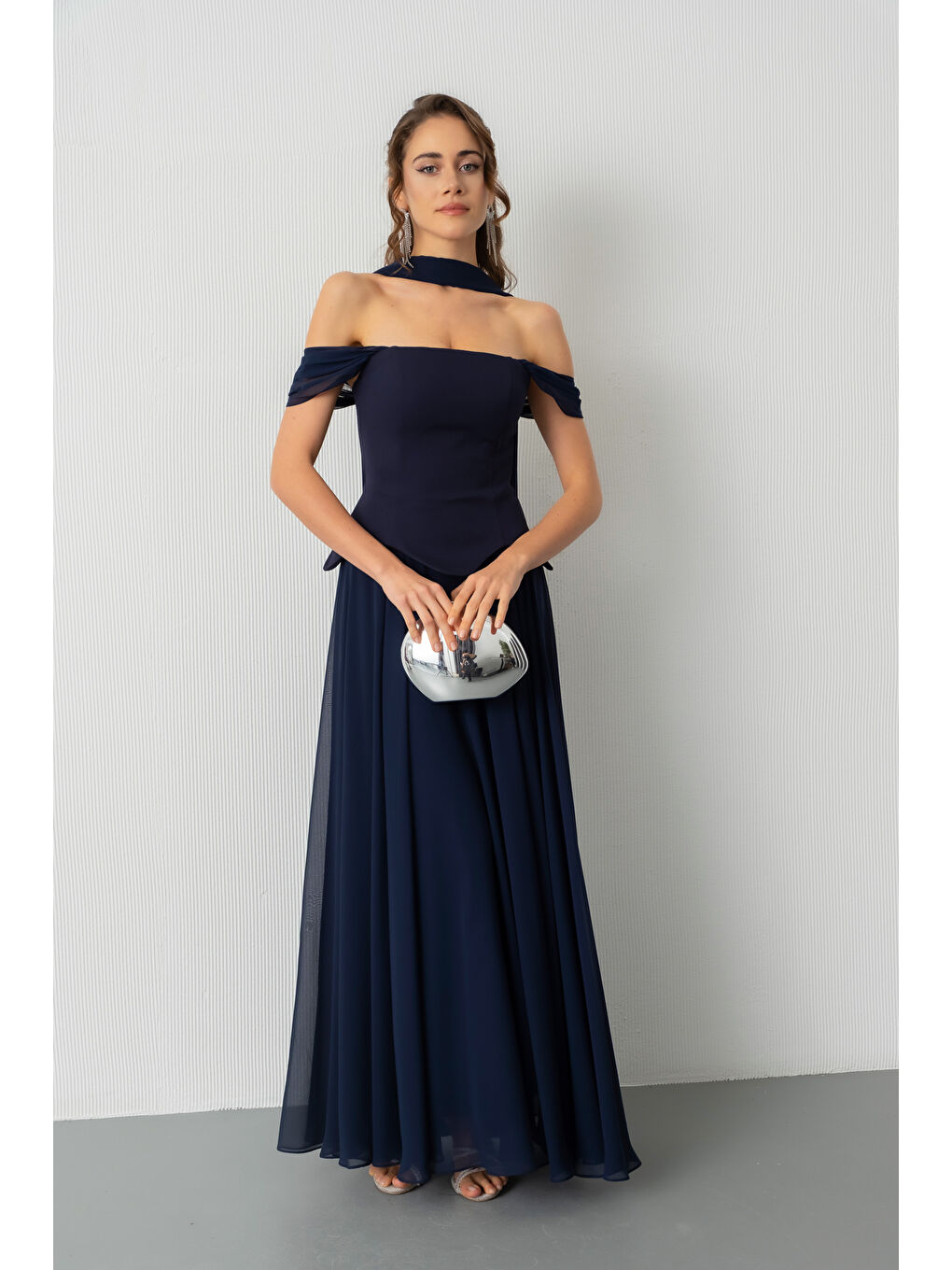 Kadın Lacivert Şal Yaka Straplez Söz Nişan Abiye Elbise-1