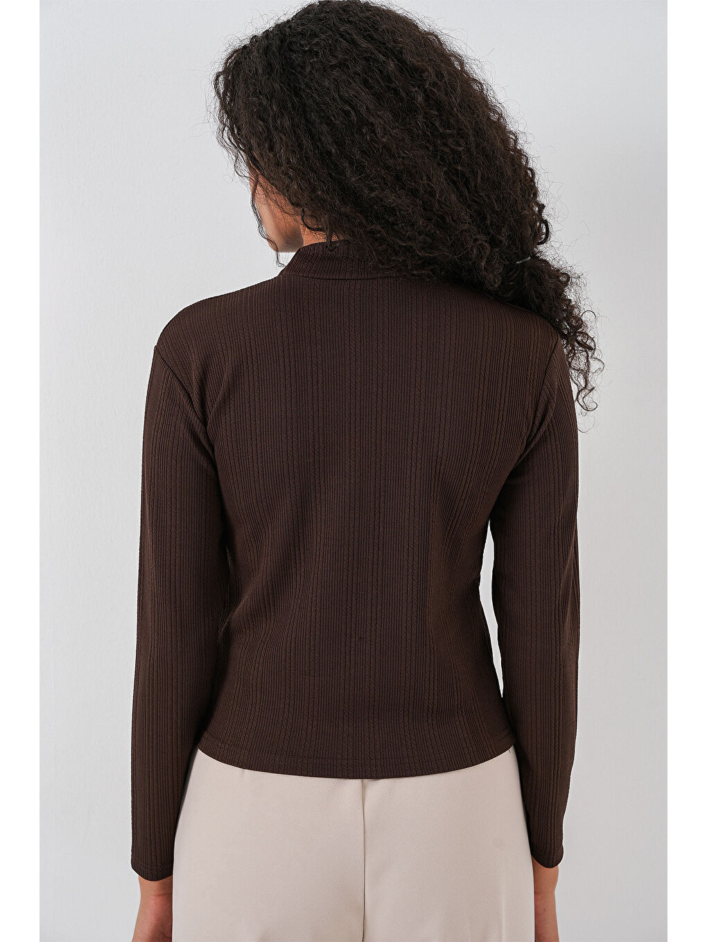 Kadın Uzun Kollu Fitilli Body 976 - Kahverengi-5