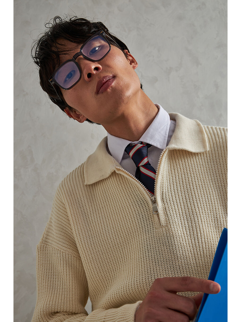 Ekru Erkek Yakası Fermuarlı Oversize Kazak-8