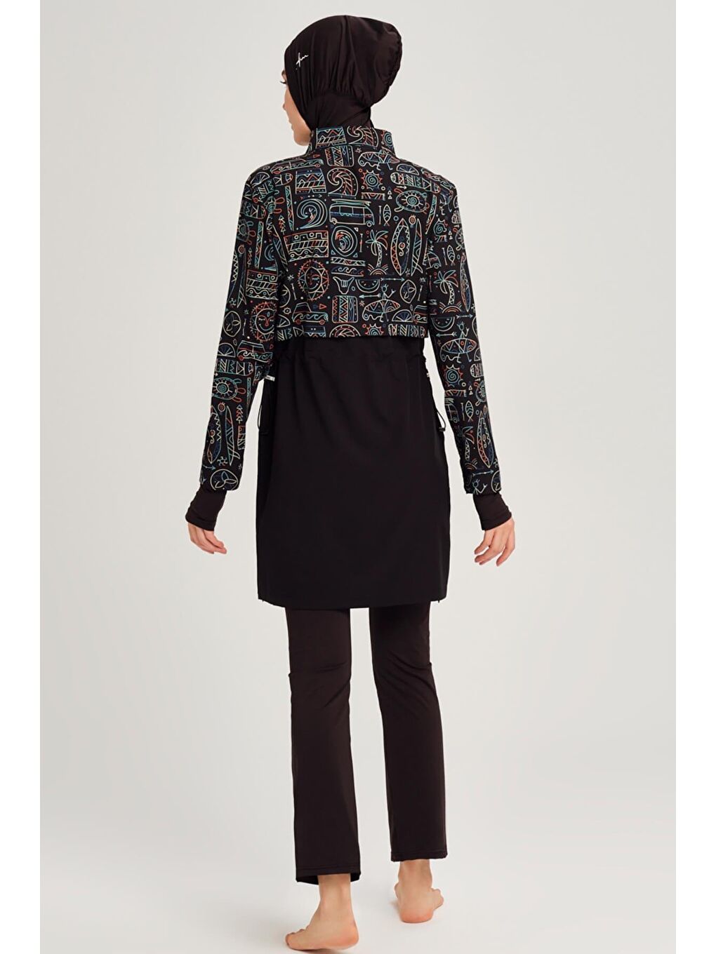 Siyah Esila Tatil Tema Desenli Jileli Tam Tesettür Mayo Üstü 2934-5