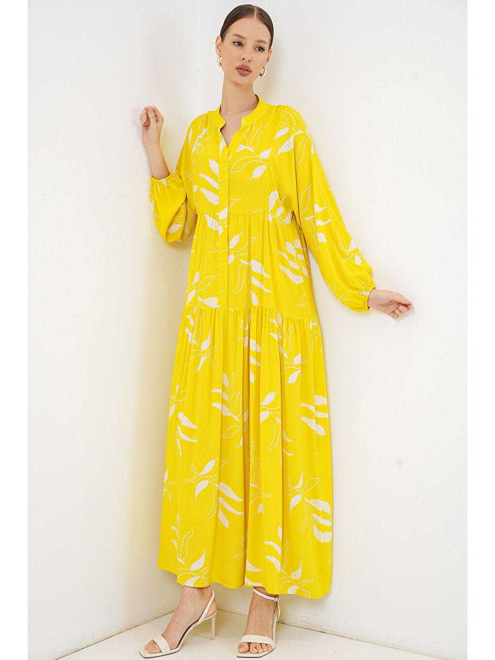 Kadın Desenli Uzun Tesettür Elbise 2585 - A.Sarı-3