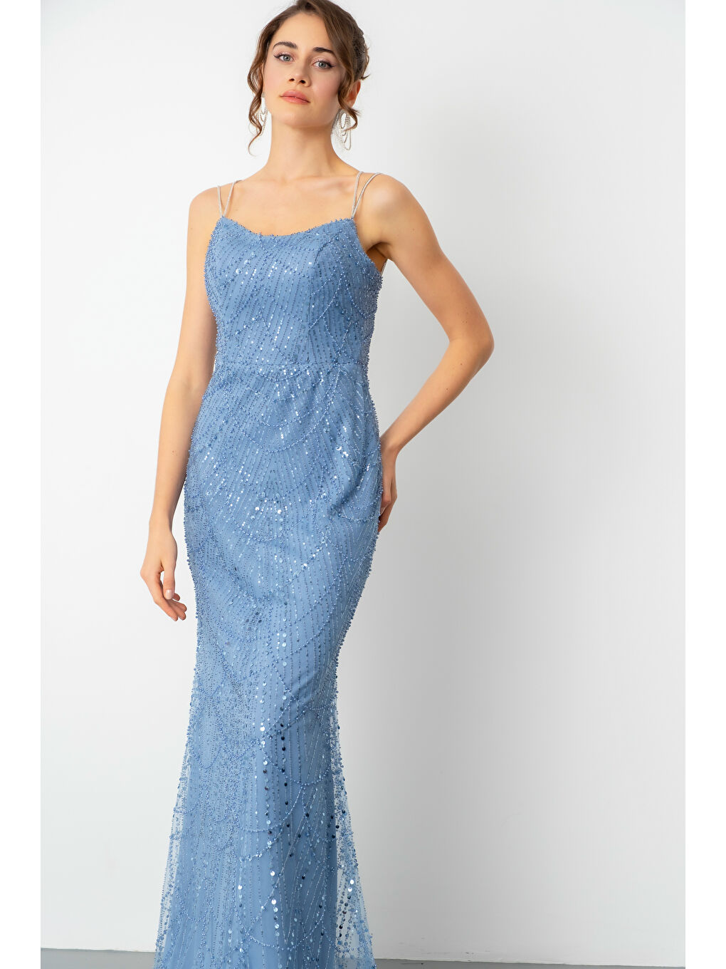 Kadın İndigo Askılı Boncuklu Uzun Balık Abiye Elbise-2