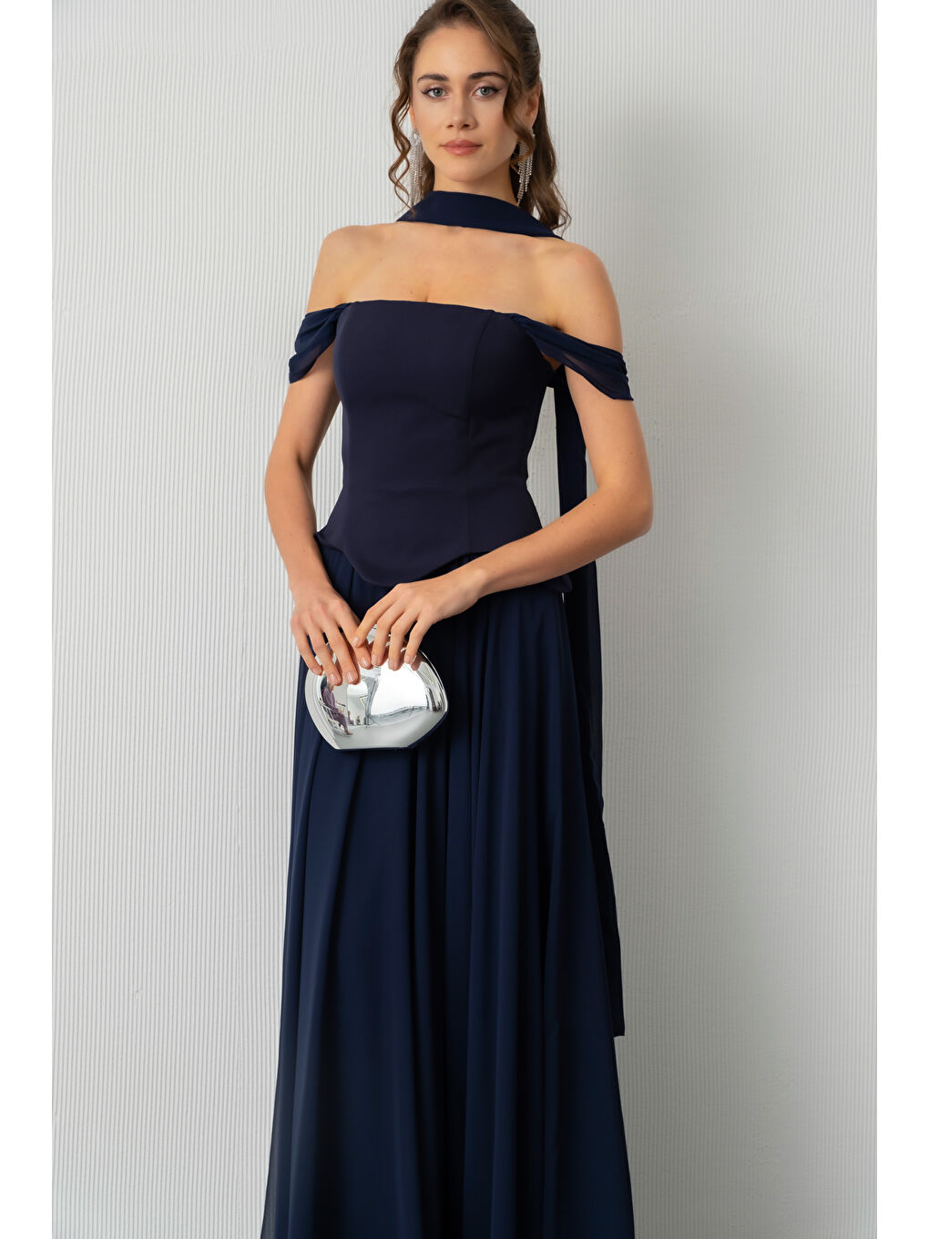 Kadın Lacivert Şal Yaka Straplez Söz Nişan Abiye Elbise-2
