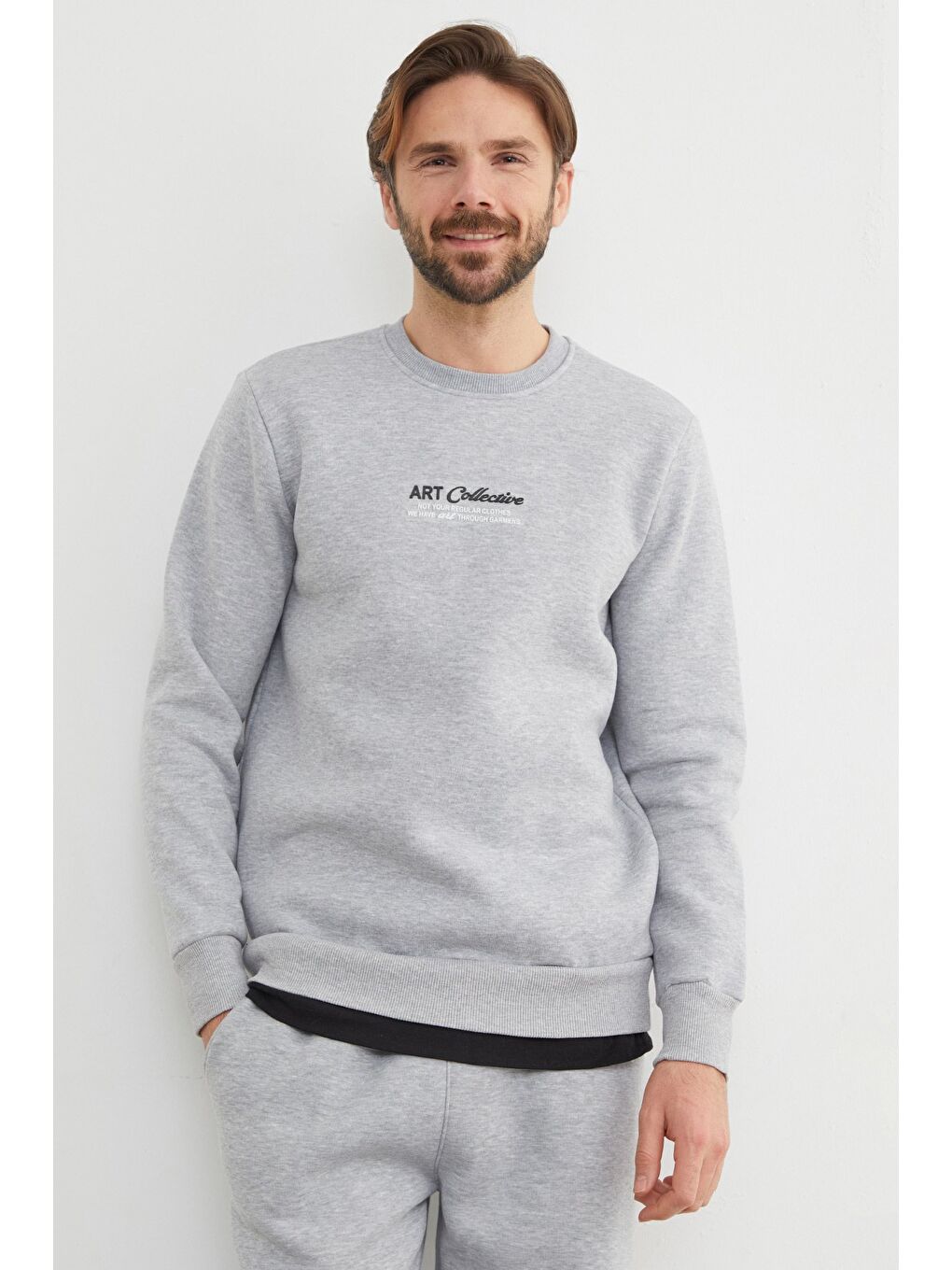 Gri 3 İplik Art Collective Kabartma Baskılı Büyük Beden Sweatshirt