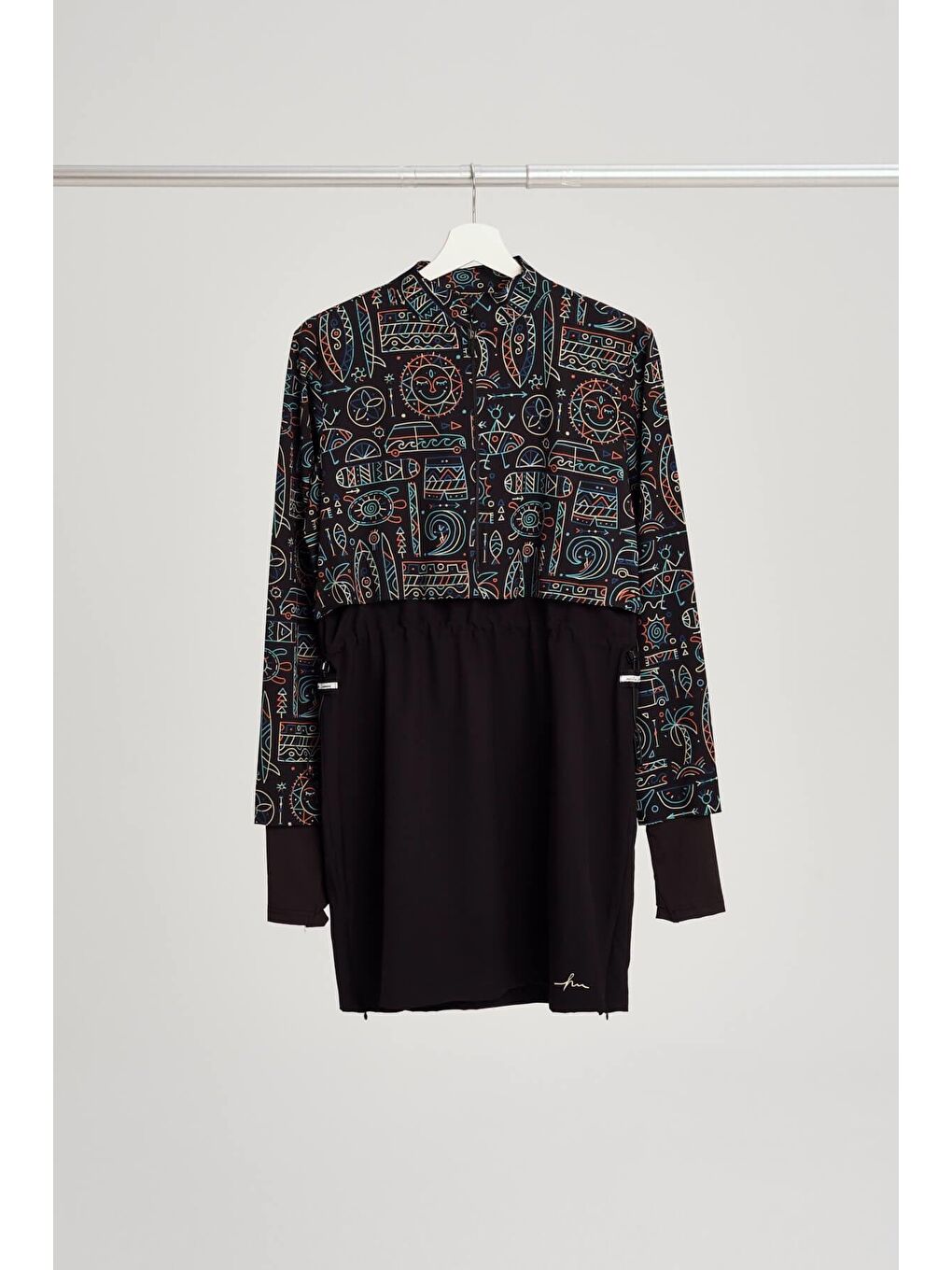 Siyah Esila Tatil Tema Desenli Jileli Tam Tesettür Mayo Üstü 2934-10