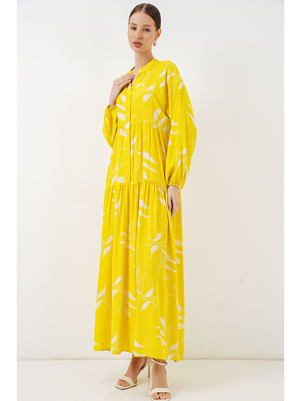 Kadın Desenli Uzun Tesettür Elbise 2585 - A.Sarı-4