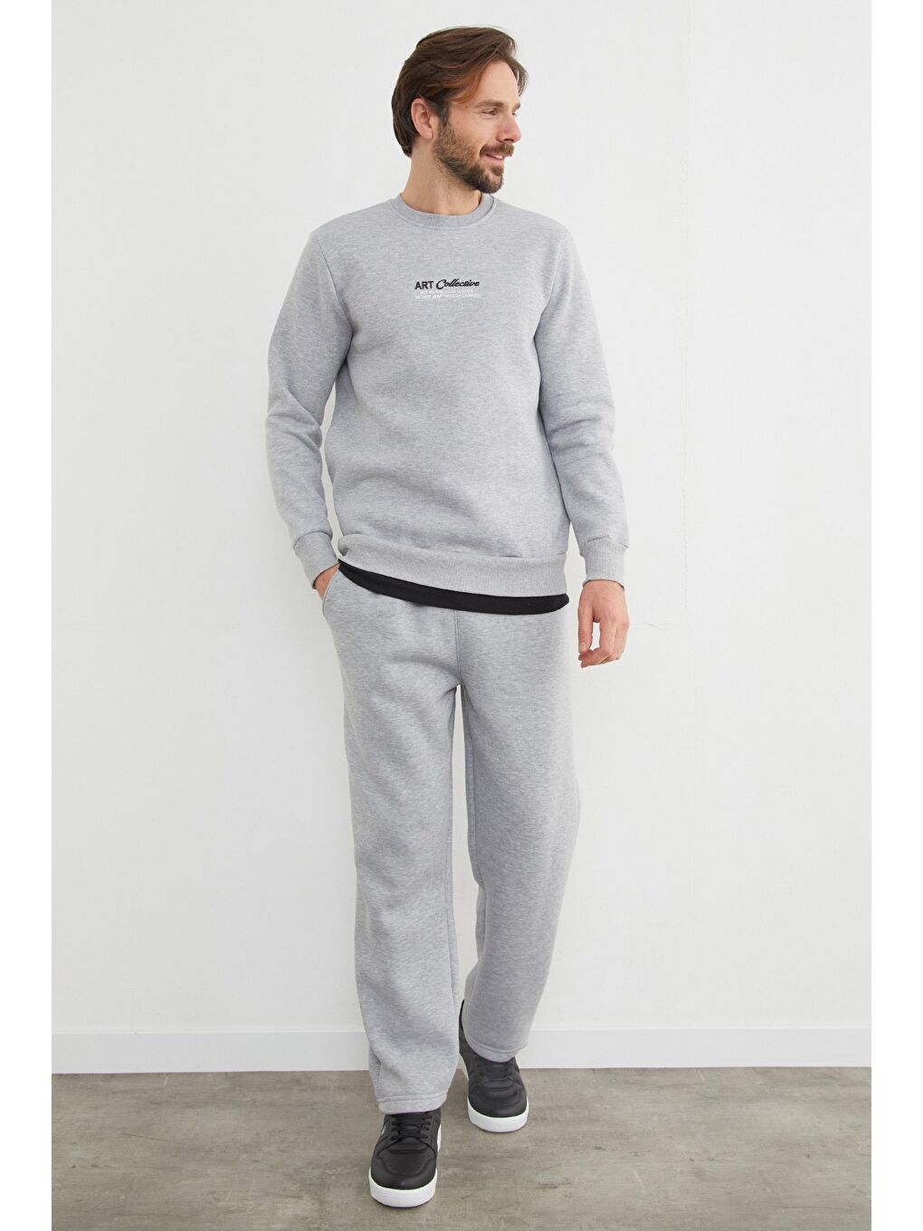 Gri 3 İplik Art Collective Kabartma Baskılı Büyük Beden Sweatshirt-1