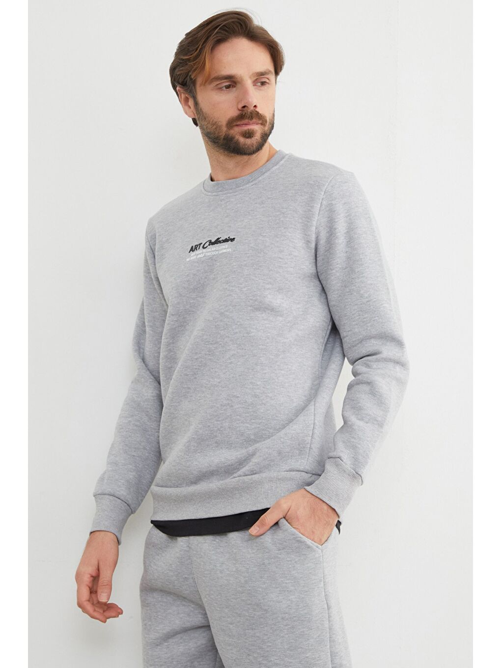 Gri 3 İplik Art Collective Kabartma Baskılı Büyük Beden Sweatshirt-2