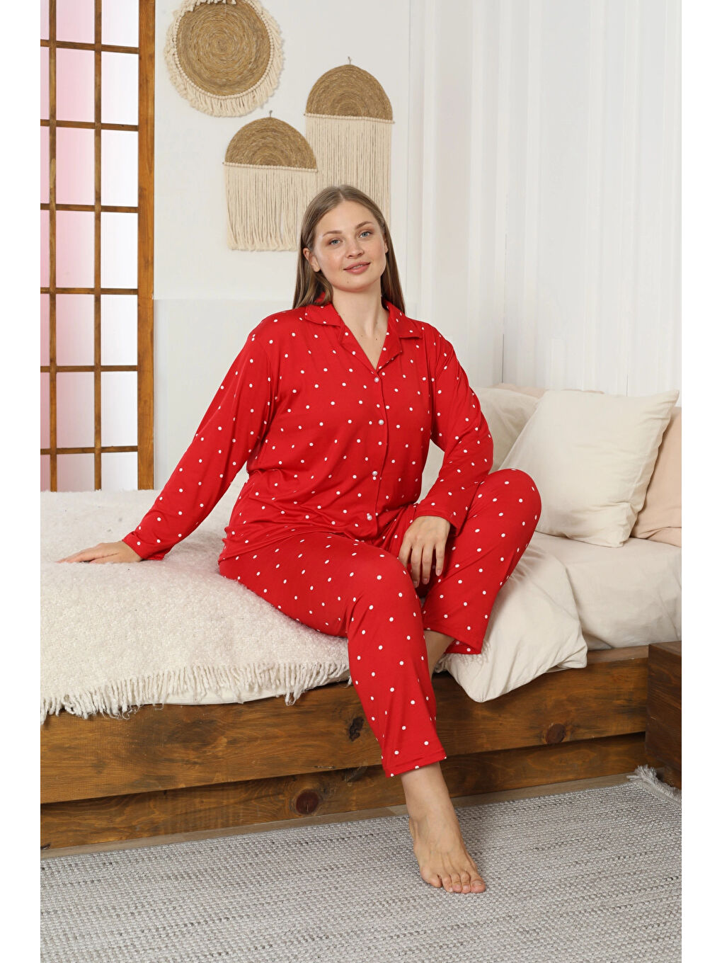 Kırmızı Desenli Kadın Pijama Takımı 3397