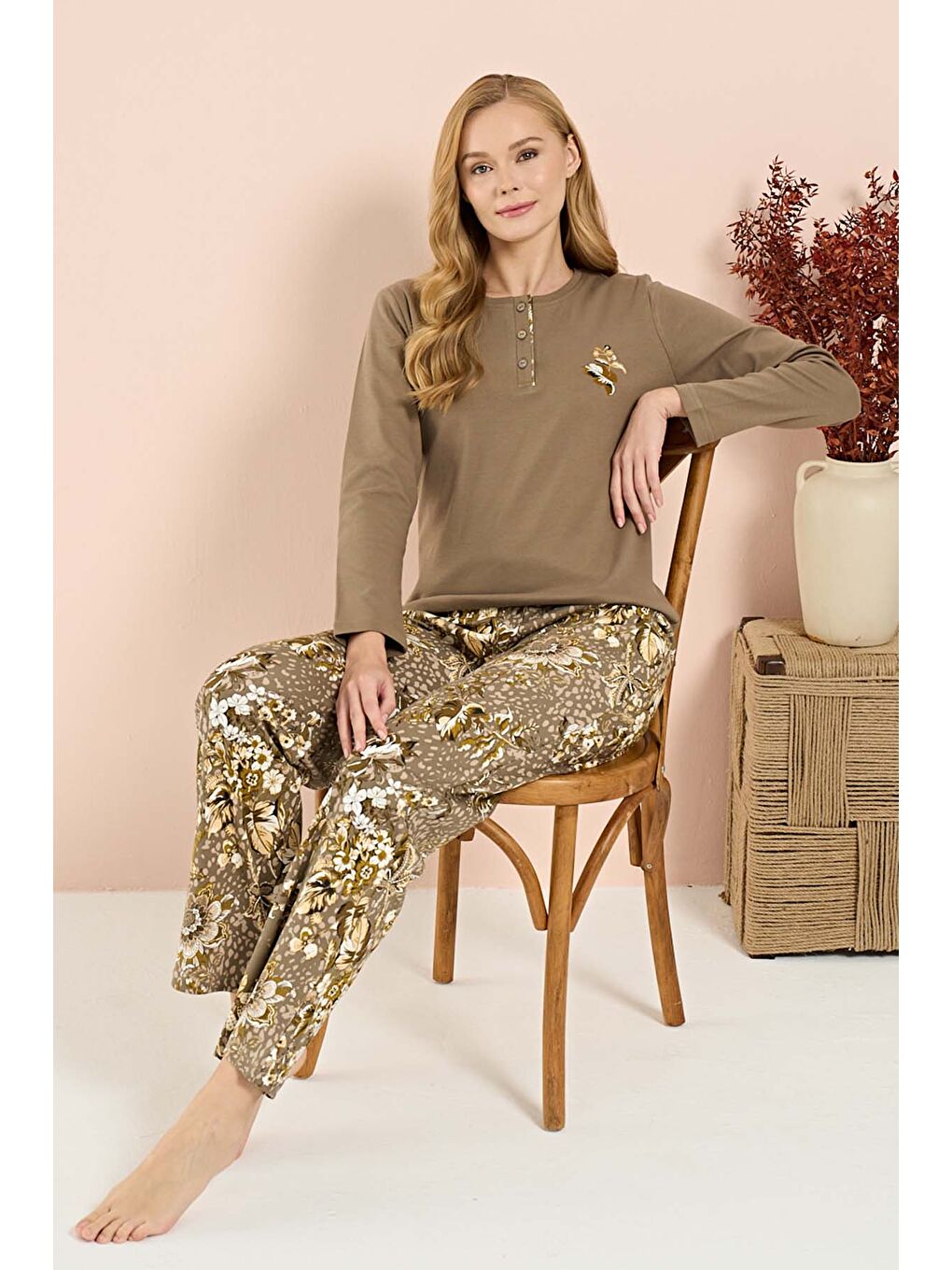 Kadın Penye Uzun Kol Pijama Takımı 3210 Haki-1