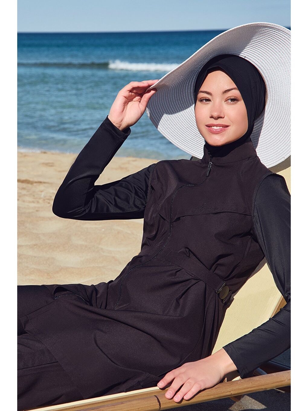 Bel Kemer Detaylı Siyah Dokuma 5 Parça Tam Tesettür Mayo Takımı 2925